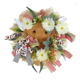 Decorative Flowers Highland Cow Wreath 2023 Bows Leaves Spring Summer Floral Wreaths Rustic Welcome Sign Front Door Flower