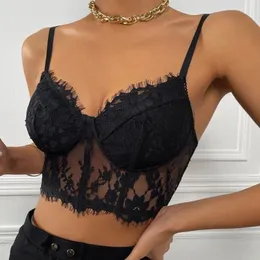 Camisoles Tanks Women Lace Summer Crop Tops Sexy Spaghetti Straps Camis Female See Through Corset Floral Surface Mesh Camisole Bustier Top 230508
