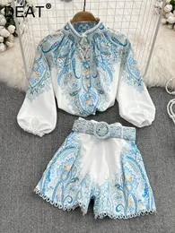 Kadınların Trailtsits Deat Kadınlar Vintage Baskı Lady Blouses Yüksek Bel Kemer Şortları İki Parça Set Moda Mizaç Baharı 2023 11d9871 230506