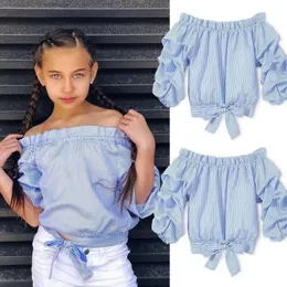 Magliette PUDCOCO nato Toddler Baby Kid Girl Blu Bianco a righe manica lunga con volant T-shirt con spalle scoperte Camicetta Top Abbigliamento 3 11T 230508
