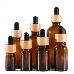 Garrafa de gotas de vidro âmbar de qualidade com tampas de bambu Os Óleos essenciais garrafas amostras de frascos para líquidos cosméticos de perfume 15ml 20ml 30ml 50ml 100ml