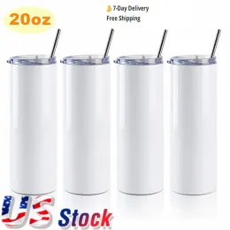 US CA Stock 20oz White Sublimation Straight Tumbler Blanks Double 304 Mug with Straw Stainless Steel Vacuum Cup Water Bottle Heat Press Machine Sublimation Printing