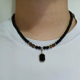Chains Stainless Steel Tiger Eye Black Crystal Pendant Necklace Men Personality Fashion Natural Stone Strand Beaded Jewelry