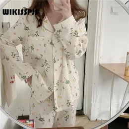 Women's Sleepwear WIKISSPJS Autumn Winter Korean Long Sleeved Trousers Pajamas Women Sweet Broken Flower Home Clothes Two Piece Suit Pjs