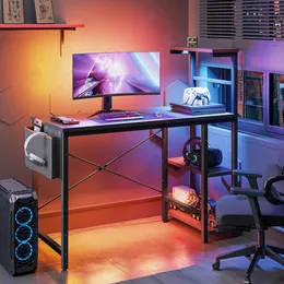 Reversible 44 inch Computer Desk with LED Lights Gaming Desk with 4 Tier Shelves Black
