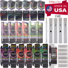 USA Stock Torch 1 ml e cigarrillos e paquete de cartuchos de lápiz de vape desechable vacío recargable 6 sabores disponibles vaporizadores de cera recargables 200pcs por lote