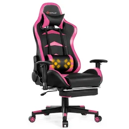 Goplus massage spelstol liggande svängbar racing kontorsstol med fotstöd rosa