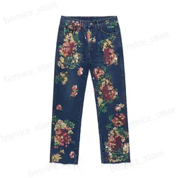 Męskie dżinsy High Street Ręka Malowane kwiatowe dżinsy męskie proste duże retro dżinsowe spodnie luźne umyte dżinsowe spodnie T230508