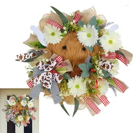 Fiori decorativi Highland Cow Wreath Bow Leaves Welcome Door Hanger Spring Summer Floral Front Wall Window Decor Decorazioni per la casa