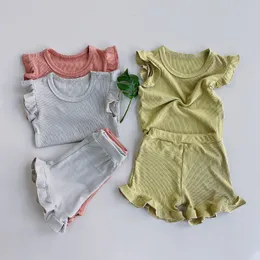 SetsSsuits Toddler Girl Clothes Set 2st Summer Kids Ruffle Sleeve Tshirt and Shorts Suits For Children Solid Baby Girls Clothing Set 230508