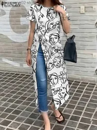 Kvinnors blusar Skjortor Kvinnors sommarblus Zanzea Fashion Short Sleeve Tops 2023 Casual Printed Long Shirts Oregelbundna slits Camisas överdimensionerade OL Tunic T230508