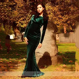 Dark Green Cheap Long Sleeves Velvet Evening Dress Mermaid Cut-Out Sweep Train Prom Gowns Simple Women Party Dresses