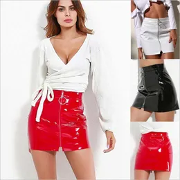 Skirts Women Fashion Sexy High Waist Circle Zipper Shiny Skirts PU Leather Mini Short Pencil Casual Solid White Red Black Skirt P230508