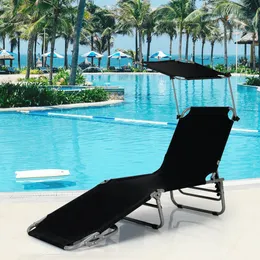 Gymax opvouwbare lounge stoel verstelbare buitenstrand patio pool pool recliner zwart w zon schaduw