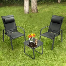 Costway 3pcs 파티오 비스트로 가구 세트 조정 가능한 등 쌓일 수있는 의자 검은 색