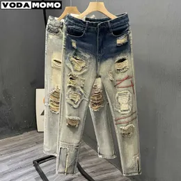 Męska dziura dżinsów Raped dżinsy Slim Fit Chude dżinsy Hip Hop moda mody patchwork dżinsy elastyczność gotycka press Mężczyźni Pantalon Z0508