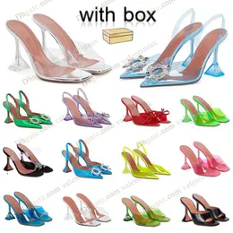 Med Box Womens Amina Muaddi Sandals Top Luxury Designer Dress Shoes Bowknot Crystal Diamond Decoration Transparent PVC Wine Cup Heels Sunflower PCV Sandal