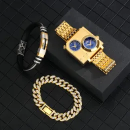 Orologi da polso Orologi da uomo con set di bracciali Regalo per affari Orologio da polso al quarzo con quadrante doppio fuso orario in oro di lusso Relogio Masculino