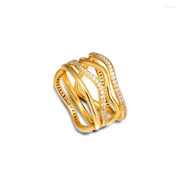 Cluster Rings Swirling Lines For Women Golden Shine Jewelry Clear CZ Wide Design Female Ring 925 Sterling Silver