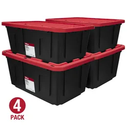 하이퍼 터프 27 갤런 스택 가능한 스냅 뚜껑 플라스틱 저장 빈 컨테이너, 빨간 뚜껑이있는 검은 색, 4 세트