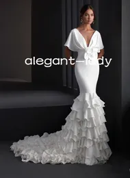Fresh flamenco Air Wedding Dresses Modern Crepe Draped Sleeve Illusion v-neck Floral Mermaid Boho Beach Bridal Gowns