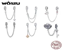 100 925 Sterling Silver The Key to Heart Safety Chain Charm Fit Wostu Original Beads Bracelet Jewelry 2201195089937