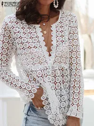 Women's Blouses Shirts ZANZEA Fashion V Neck Long Sleeve Lace Crochet Blouse Women Summer Hollow Out Tops Sexy Holiday Beach Cover Up Shirt Solid Blusa T230508