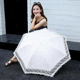 Umbrellas Woman Princess Lace 3 Folding Rain Umbrella Female Outdoor Wind Resistant UV Protection Parasol White Pink Classic Vintage Gift 230508