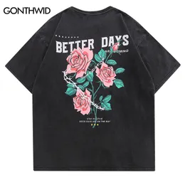 Herren T-Shirts Distressed T-Shirt Streetwar Hip Hop Floral Rose Letter Print Vintage T-Shirt Herren Harajuku Sommer Lässige Baumwolle Lose Shirts Top 230506