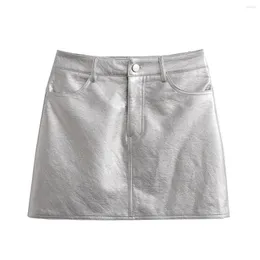 Skirts Women's High Waist A-line Silver Color PU Leather Short Cool Skirt SML