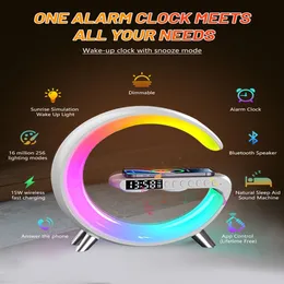 Wake Up Light Sunrise Wearmklok voor kinderen Multifunctionele slimme wekker met draadloos opladen Dimbare bedlamp RGB Ambiëntlicht