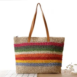 Bolsos de noche Bolso de hombro de diseñador para mujeres Shopper Bolsas Soft Summer Straw Knitting Beach Bolsos de lujo a rayas Tote femenino 2023