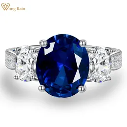 Кольцо-пасьянс Wong Rain, 100% стерлинговое серебро 925 пробы, овальный сапфир 5 карат, высокоуглеродистый бриллиант, драгоценный камень, свадебное обручальное ювелирное кольцо для женщин 230508