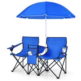 Портативный двойной кемпинг -стул Topbuy, складное пикник для любимого сиденья w Съемный регулируемый зонтик, сумка для переноски, холодильный пакет, боковой карманный куп