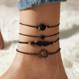 Anklets älskar Pearl Hollow Lotus Leaf Foot Chain Set med 4 vävda ankelstrandtillbehör Ankelarmband för kvinnliga smycken Bohemian