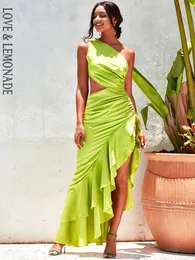 Party Dresses Love Lemonade Sexy Bright Green Off the Shoulder Cutout Ruffled Reflective Satin Maxi Dress LM82202 A 230508