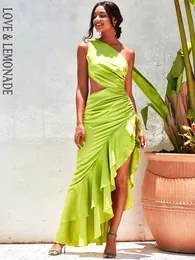 Party Dresses LOVE LEMONADE Sexy Bright Green Off The Shoulder Cutout Ruffled Reflective Satin Maxi Dress LM82202 A 230508