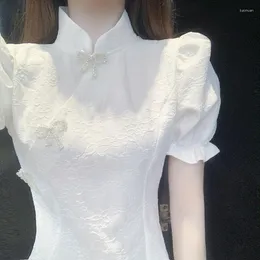 Etniska kläder Vit Puff Sleeve Cheongsam Slim Chinese National A-Line Dress Bow Button Costumes Summer Sexy Qipao S TO 2XL