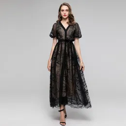 426 XXL 2023 Spring Flora Print Dress V Neck Long Sleeve Black Mid Calf Mesh Embroidery Panelld DRess Luxury Fashion Prom Womens Clothes SH