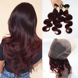 360 Lace Frontal With Bundles Two Tone Dip Dye Burgundy 99J Body Wave Ombre Human Hair Weaves Closure299G