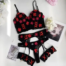 Fairy Sexy Lingerie Luxury Lace Outfits Floral Beautiful Underwear 3-Piece Bra Padded Fine Romance Bilizna Sets of Sex