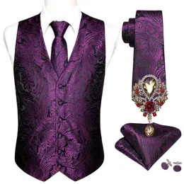 Brooches 5PCS Designer Mens Wedding Suit Vest Purple Paisley Jacquard Folral Silk Waistcoat Tie Brooches Vest Set Barry.Wang Groom