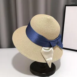 Breda randen hattar Elegant Bow Sun Hat Cap Summer For Women Beach Panama Straw Dome Anti-UV Bucket Breattable Visor Bonnet