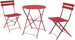 SR Steel Patio Bistro ، مجموعات أثاث الفناء في الهواء الطلق ، مجموعة فناء 3 قطع من طاولة الفناء القابلة للطي والكراسي ، الأحمر الداكن