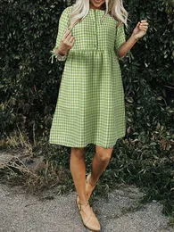 ドレス2022 ZANZEA SUMMER BOHEMIAN PLAID CHECKED SUNDRSRESS女性半袖カジュアルニーレングスビーチドレスローブFEMME VINTAGE VESTIDOS