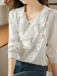 Bluzki damskie 2023 Spring French Style Lace-Up Shirt Women V Neck Tops koszule Eleganckie marszczenia Białe bluzkę z długim rękawem dama