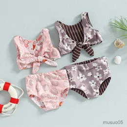 Costumi da bagno per bambina in due pezzi Costumi da bagno bikini con stampa floreale Costume da bagno senza maniche Bowknot Top con pantaloncini Set di costumi da bagno divisi