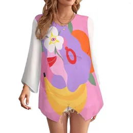 Bloups feminina desenho animado pintura a óleo imprimindo protetor solar camisa de manga longa feminina feminina na praia Moda casual de chiffon