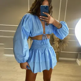 Two Piece Dress Fandy Lokar V Neck Short Tops Suits Women Fashion Lace Up Solid Suit Elegant Ruffle Mini Skirts Female Ladies 230509