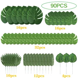 Decorative Objects Figurines 90 Pieces 6 Kinds Artificial Palm Leaves Tropical Decorations For Jungle Party Beach Birthday Luau Hawaiian 230508